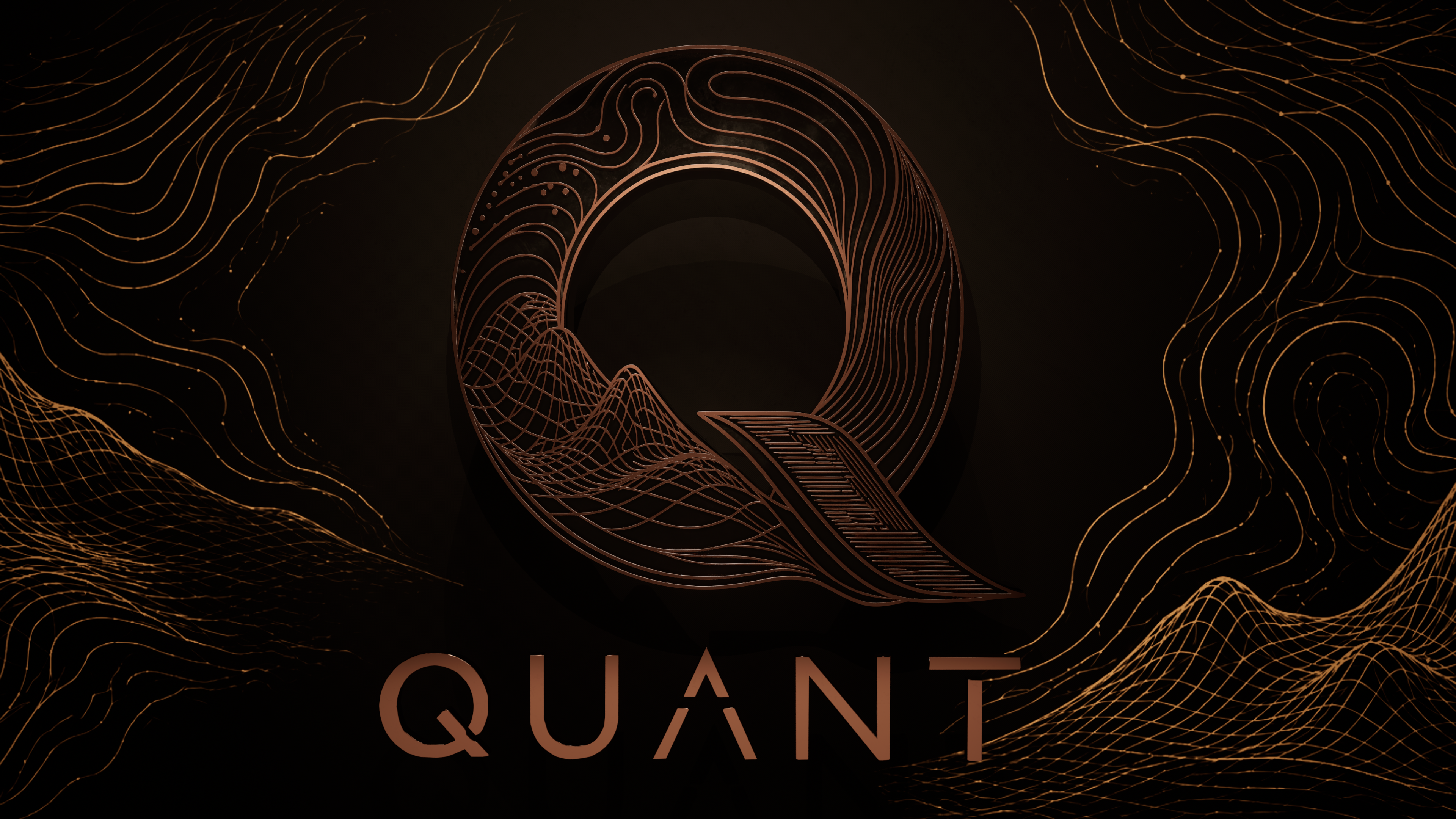 Quant cinematic logo with metallic Q mark and bronze topographic patterns